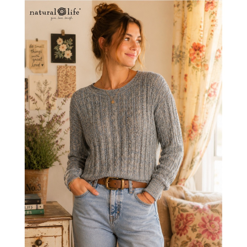 Natural Life Linen Blend Sweater XL Blue Gray Marl Metallic Cable Knit Coastal